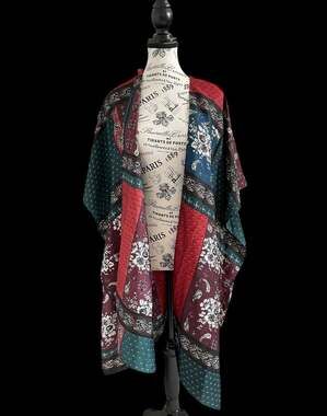 Free People New Mon Cheery Satin Patchwork Kimono One Size Open Front Boho